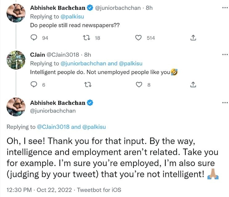 abhishek bachchan sassy response for troller calling him unemployed 