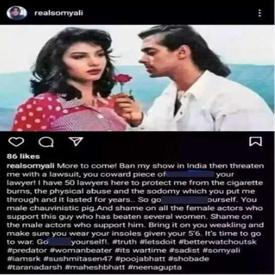Salman Khan Ex Girlfriend Somy Ali Again Attacks And Abuses Him Saying He Burnt Her With Cigarette Physically Abused then deleted the post 