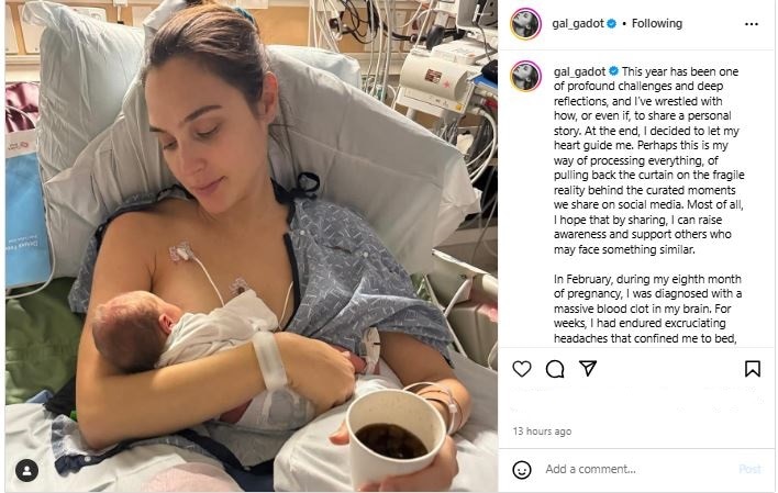 Gal Gadot diagnosed with blood clot in brain shared post about it