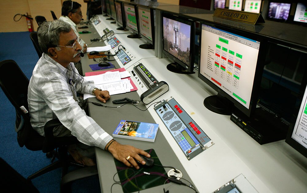 श्रीहरिकोटा सतीश धवन अंतरीक्ष केंद्रावर लाँच केलेला पीएसएलवी-सी25 याचे निरीक्षण कताना तज्ज्ञ