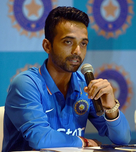 Indian captain Ajinkya Rahane addresses a pre-departure press conference in Mumbai.
