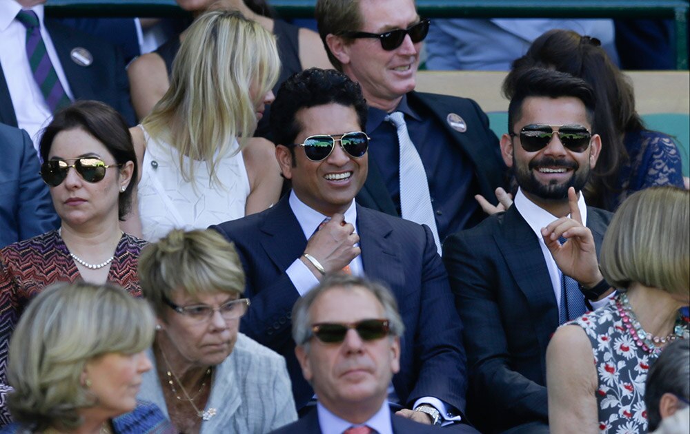 SACHIN TENDULKAR SITS IN THE ROYAL BOX ON CENTRE COURT, AT THE ALL ENGLAND LAWN TENNIS CHAMPIONSHIPS IN WIMBLEDON.
