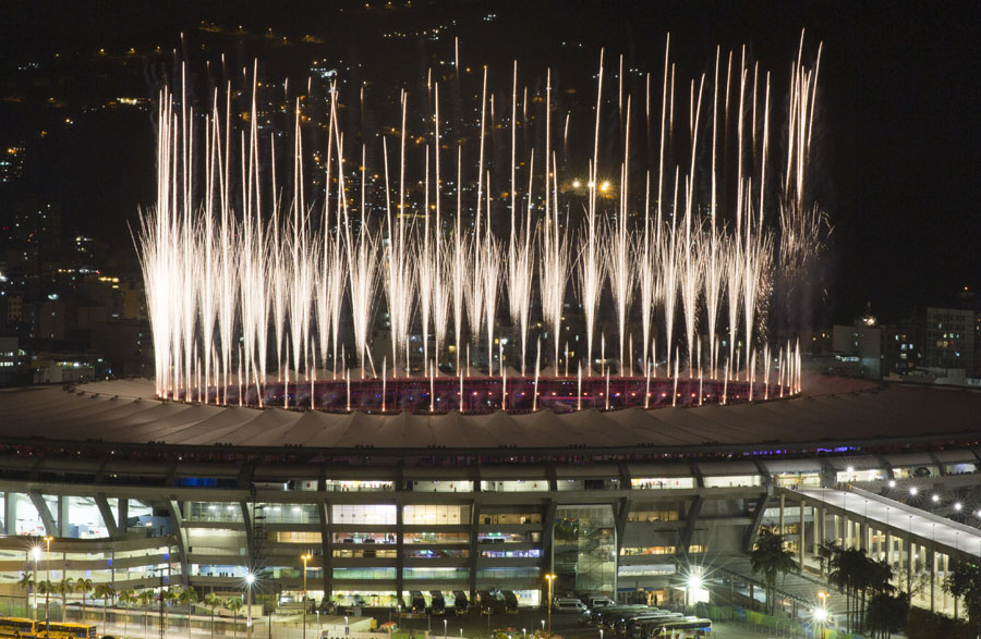 Fireworks explode above the Maracana stadium