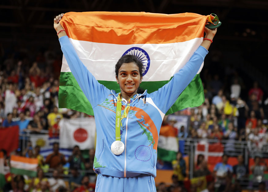 India`s V. Sindhu Pusarla wears her silver medal