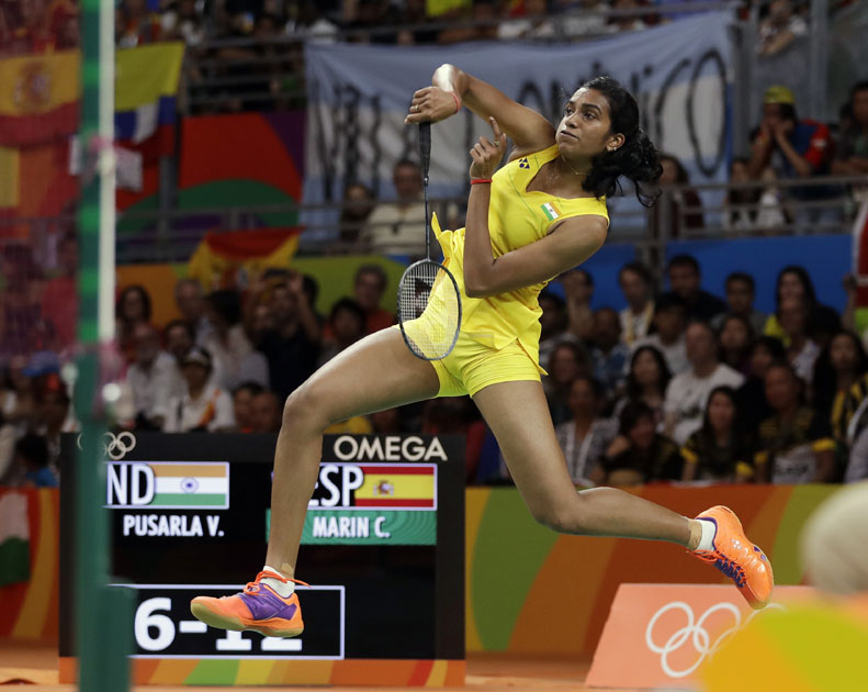 V. Sindhu Pusarla returns a shot