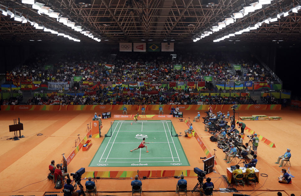 Spain`s Carolina Marin, foreground, plays India`s V. Sindhu Pusarla