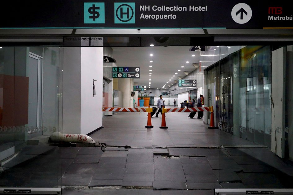 A view of damages on the floor in an entrance of the Benito Juarez international airport