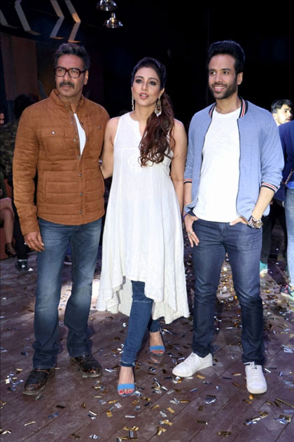 Actors Ajay Devgan, Tabu and Tusshar Kapoor during the promotion of their upcoming film 