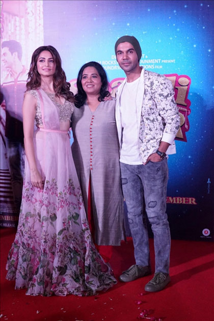 Actors Kriti Kharbanda, Rajkummar Rao and Director Ratnaa Sinha during the trailer launch of their upcoming film 