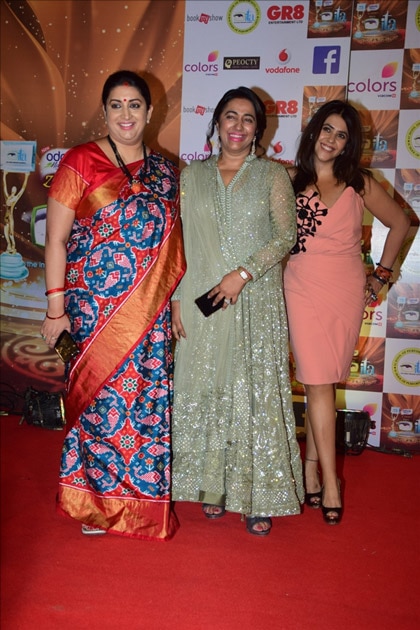 Union Information and Broadcasting Minister Smriti Irani, President-The Indian Television Anu Rajan and Producer Ekta Kapoor at the red carpet of ITA Awards in Mumbai.