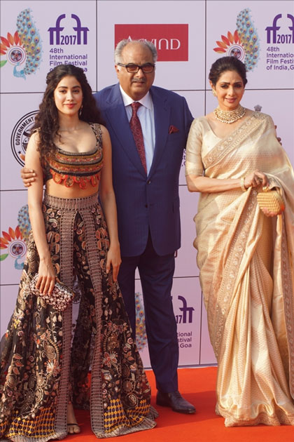 Actress Sridevi along with her husband Boney Kapoor and daughter Janhvi Kapoor during the opening ceremony of 48th edition of International Film Festival of India (IFFI) in Goa.