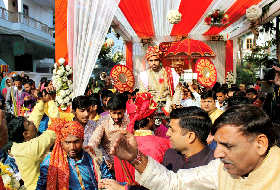 Indian cricket player Bhuvneshwar Kumar participates in ceremonies related to his marriage in Meerut.