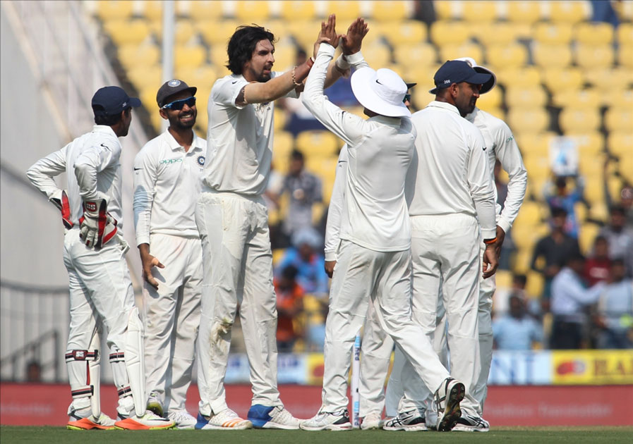 Ishant Sharma of India celebrates fall of Dimuth Karunaratne`s wicket on Day 1 of the second test match between India and Sri Lanka at Vidarbha Cricket Association Stadium in Nagpur.