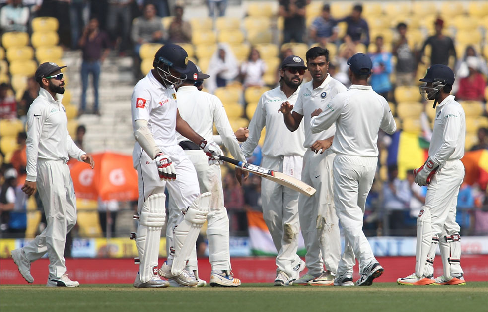 Ravichandran Ashwin of India celebrates fall of Lahiru Thirimanne`s wicket on Day 1 of the second test match between India and Sri Lanka at Vidarbha Cricket Association Stadium in Nagpur.