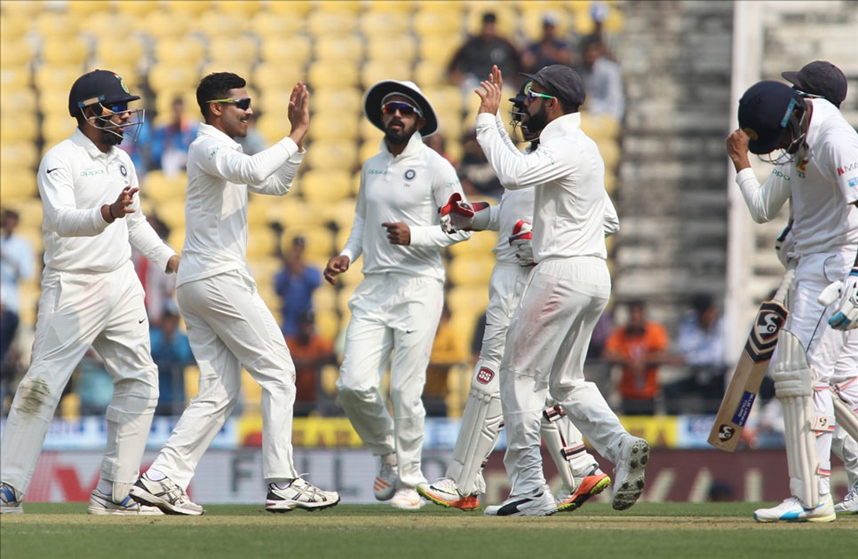 Ravindra Jadeja of India celebrates fall of Angelo Mathews`s wicket on Day 1 of the second test match between India and Sri Lanka at Vidarbha Cricket Association Stadium in Nagpur.