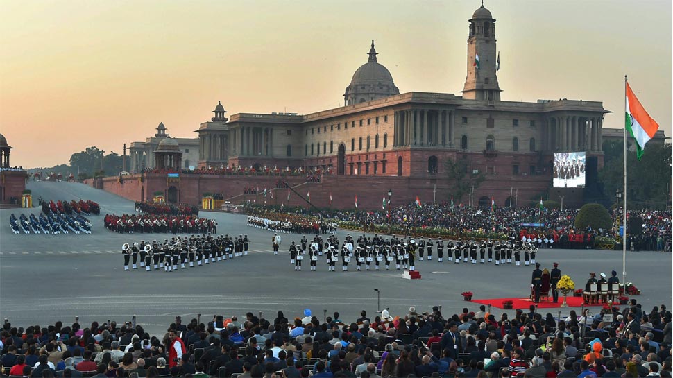 Tri-services bands perform at the Beating Retreat ceremony at Vijay Chowk in New Delhi on 29 January