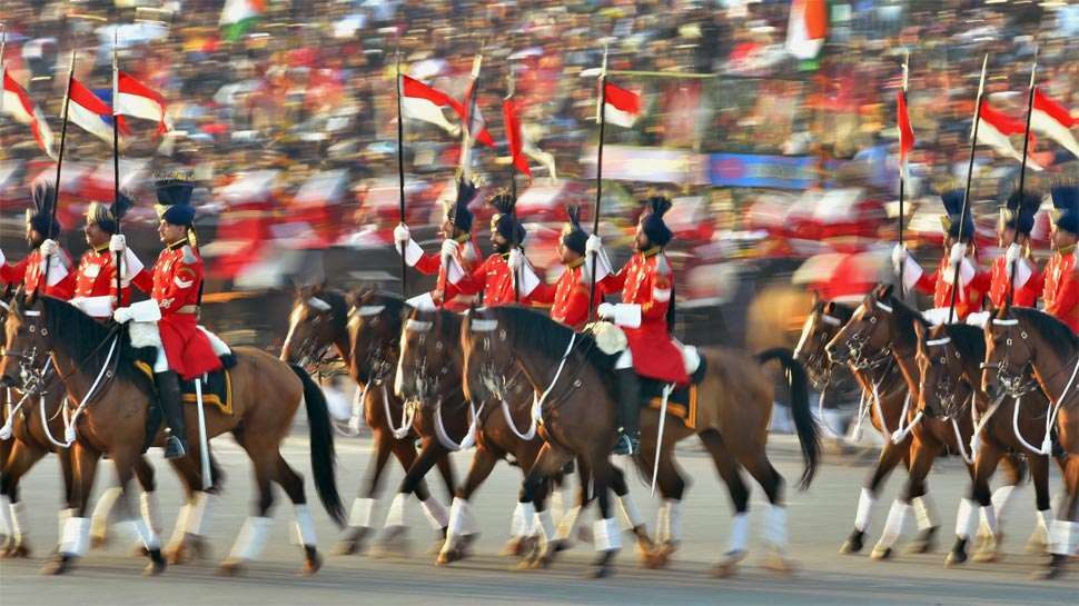 Tri-services bands perform at the Beating Retreat ceremony at Vijay Chowk in New Delhi on 29 January