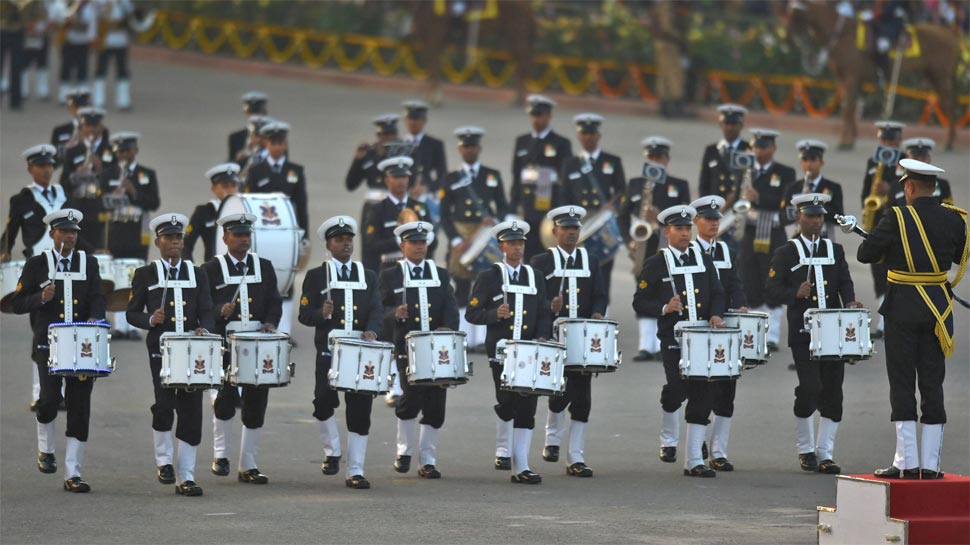 Tri-services bands perform at the Beating Retreat ceremony at Vijay Chowk in New Delhi on 29 January