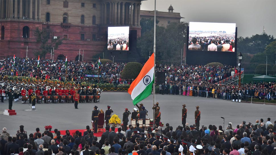 Tri-services bands perform at the Beating Retreat ceremony at Vijay Chowk in New Delhi on 29 January