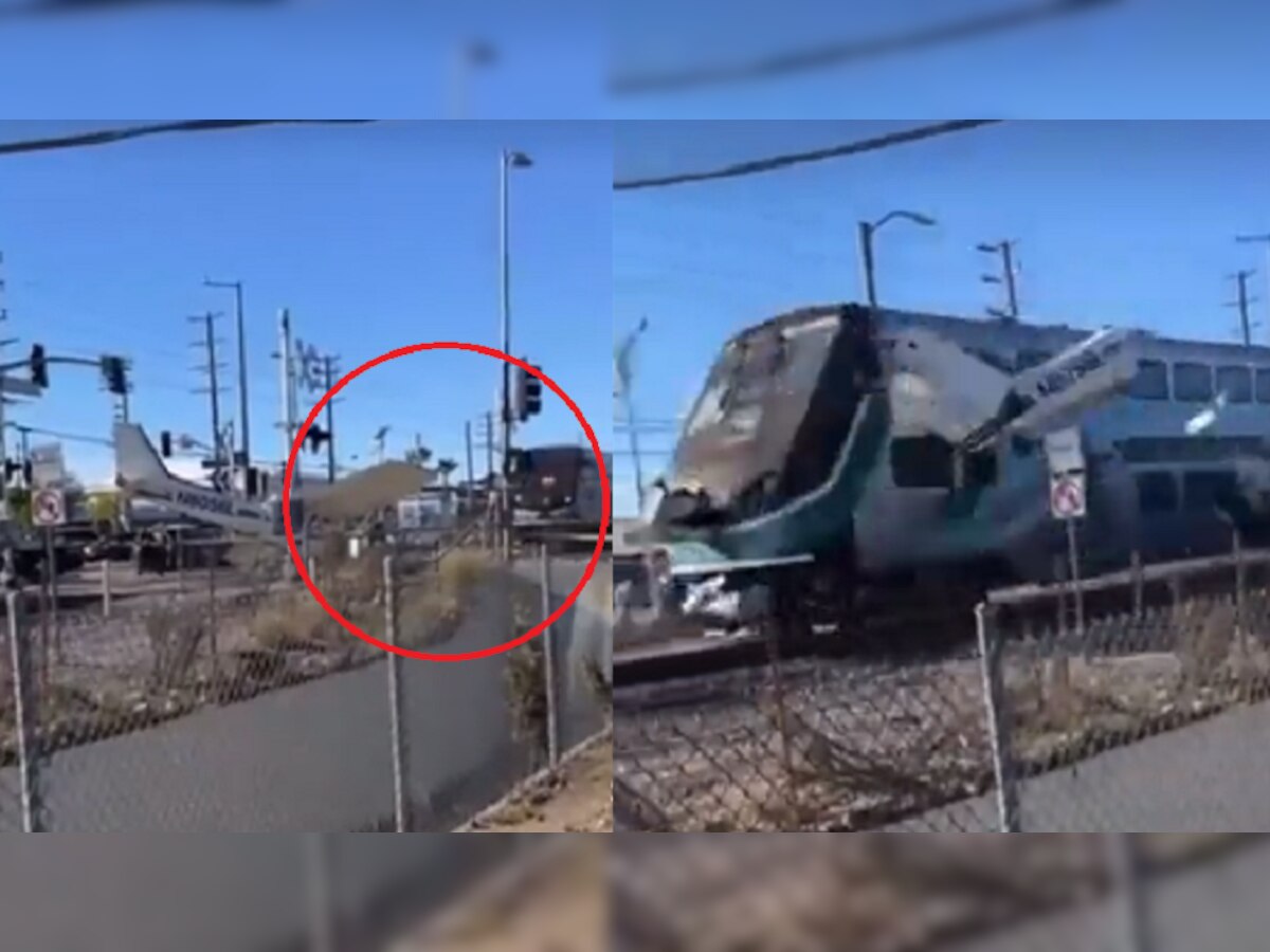 रेल्वे रुळावर उतरलेल्या विमानाला ट्रेनची धडक, भीषण अपघाताचा व्हिडीओ समोर title=