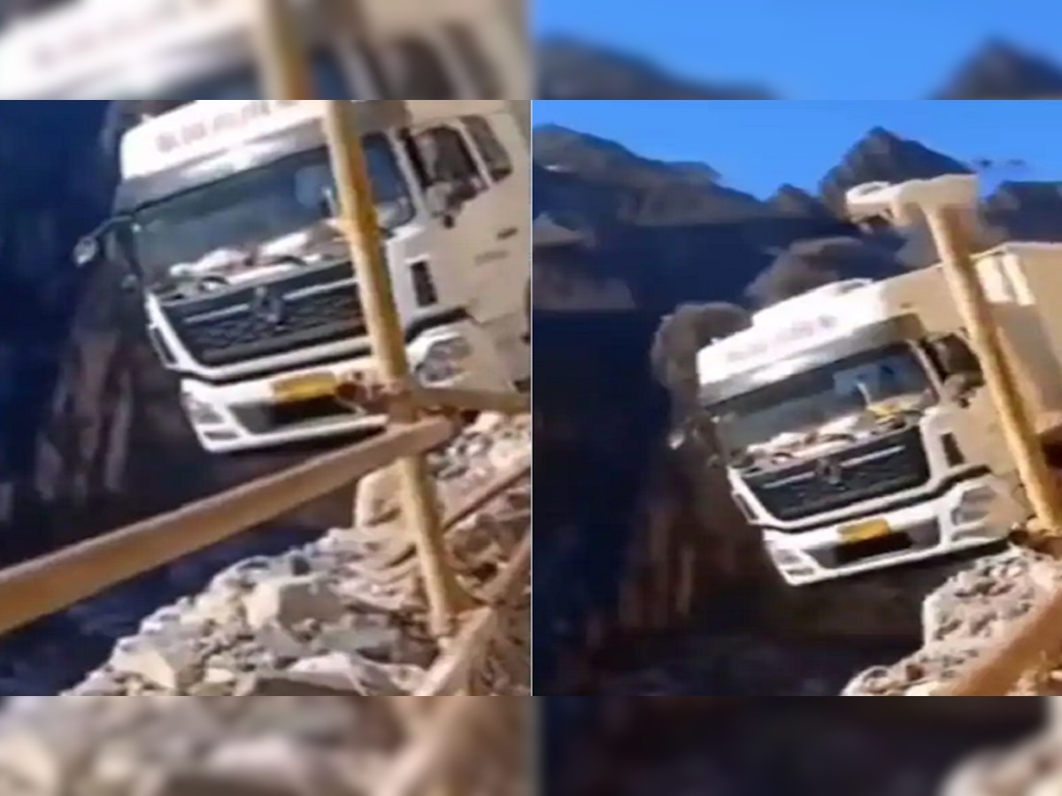 डोंगर आणि दरीमध्ये अडकला ट्रक... पाहा जीवन मरणाचा संघर्ष दाखवणारा थरारक व्हिडीओ title=