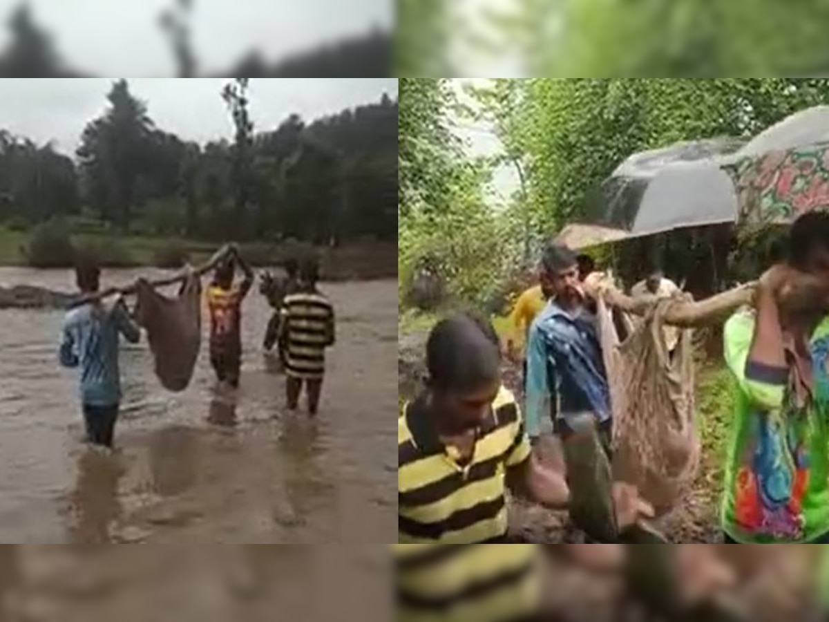 Video : दुर्दैवी! पालघरमध्ये आदिवासींची परवड; रस्त्याअभावी महिलेला झोळीत बांधत रुग्णालयात करावे लागले दाखल title=