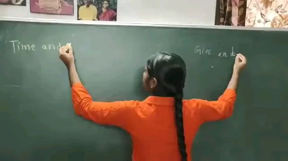Lady virus aadi swaroopa can write with both hands video viral on