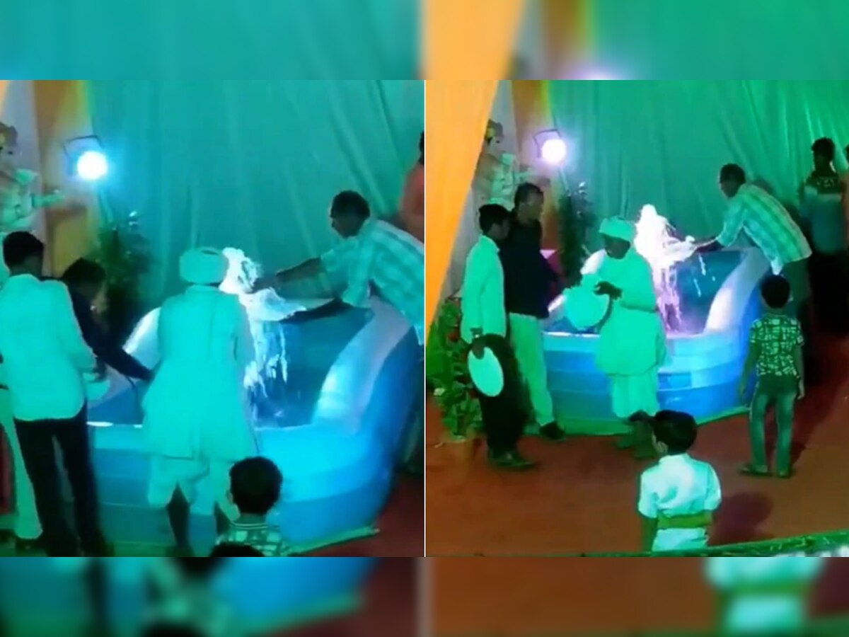 Funny Video: लग्नात लावलेलं कारंजे पाहून गावातील लोकं आवाक्, हरकती पाहून तुम्हीही हसाल title=
