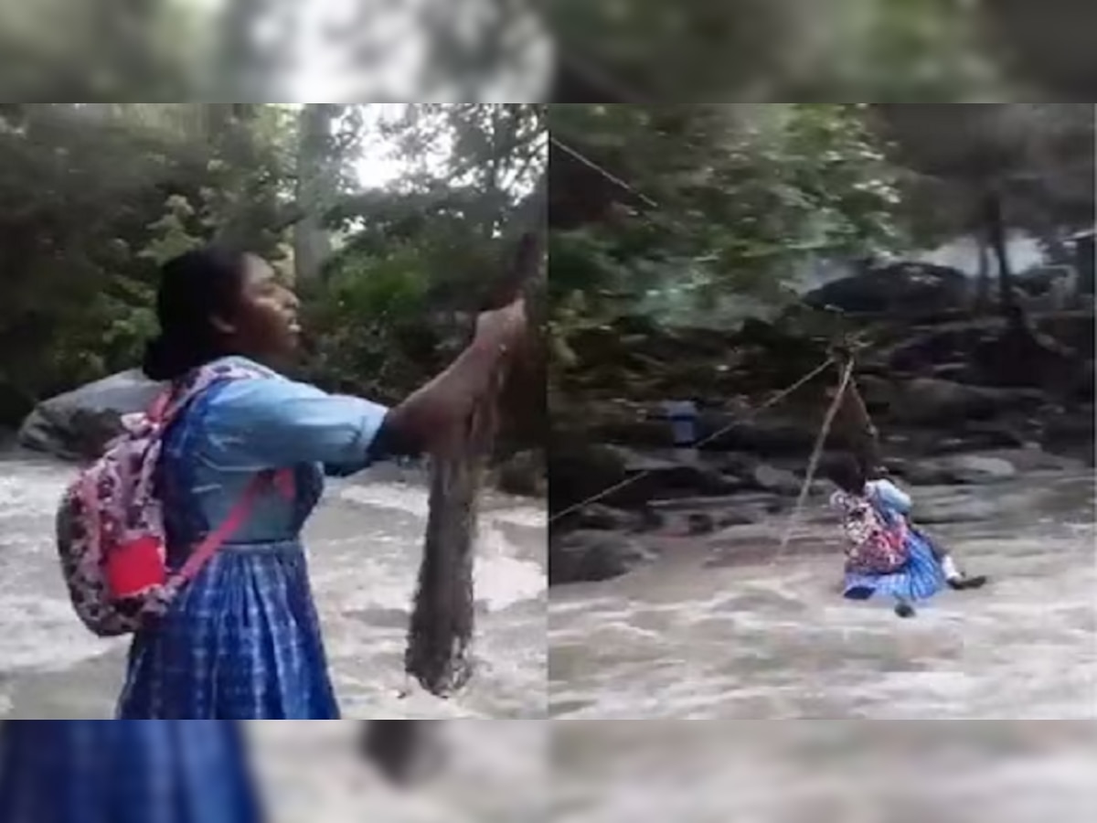 Trending Video : शाळेत जाण्यासाठी विद्यार्थिनीचा जीवघेणा प्रवास, नदीवरील दोरीवर जाळी टाकून... title=