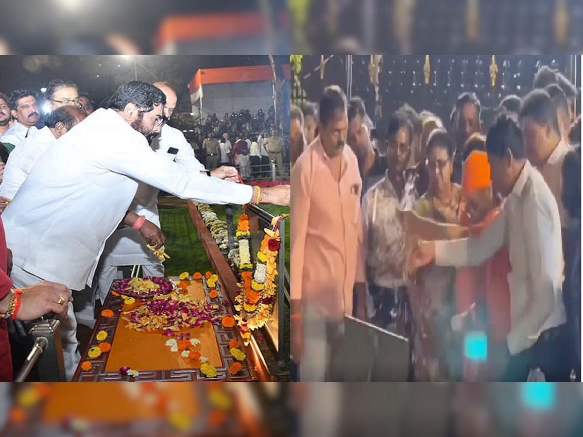 Balasaheb Thackeray Memorial : मुख्यमंत्री एकनाथ शिंदेंकडून स्मृतिस्थळाला वंदन, ठाकरे गटाकडून गोमूत्र शिंपडून शुद्धीकरण title=