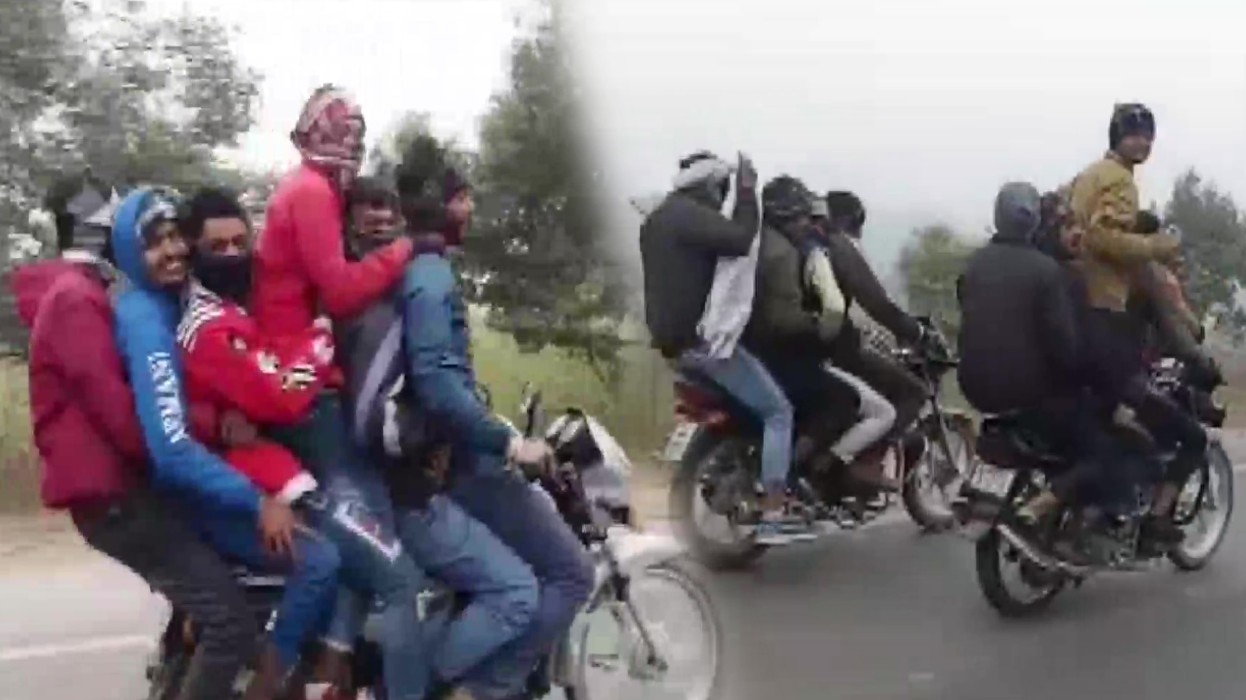 14 People Riding on 3 Bikes in Full Speed bikes seized by UP Bareilly Police