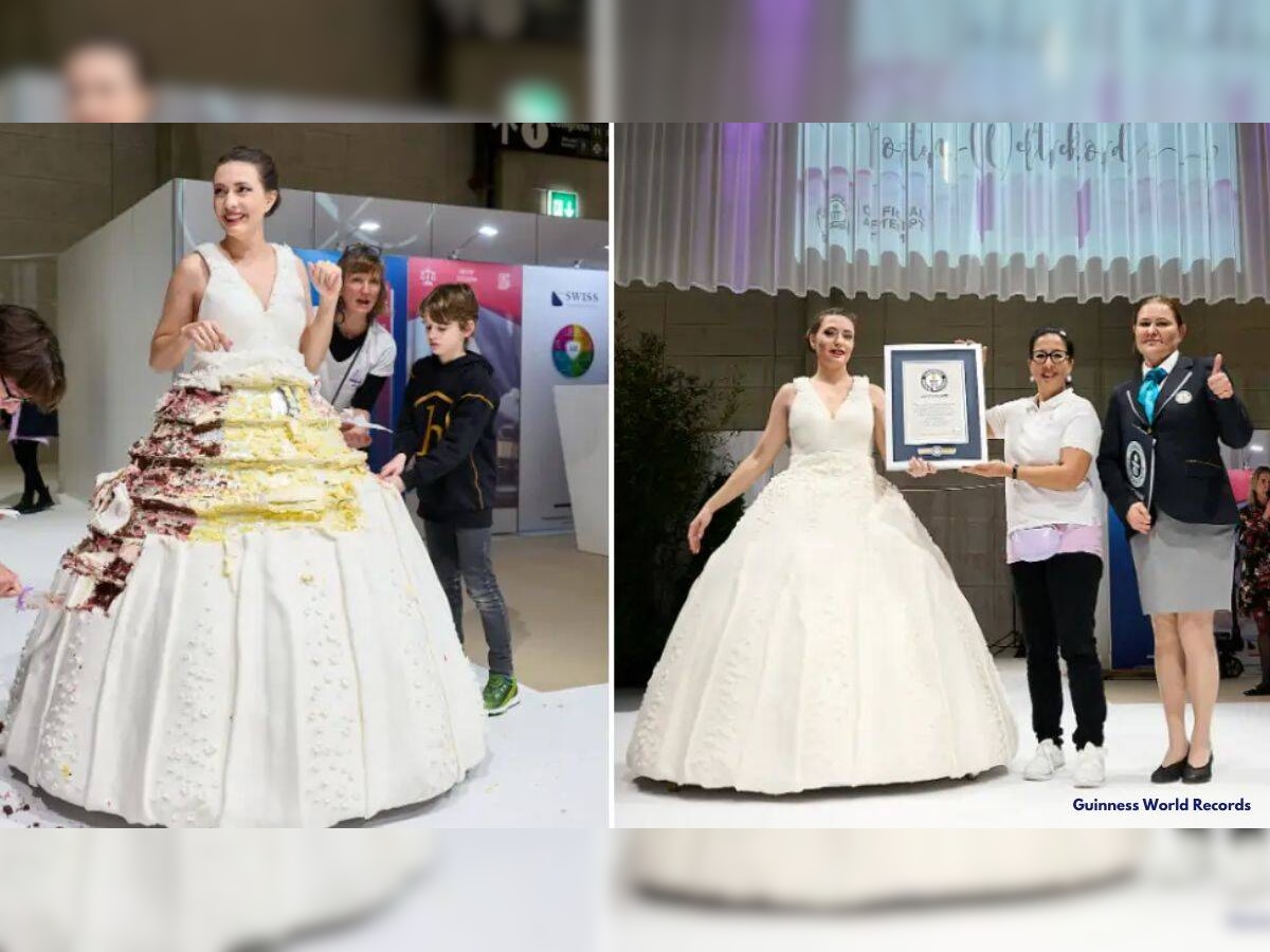 Cake Dress : असा ड्रेस जो घालू पण शकतो आणि खावू पण शकतो; पाहा 131 किलोच्या ड्रेसचा  Video  title=