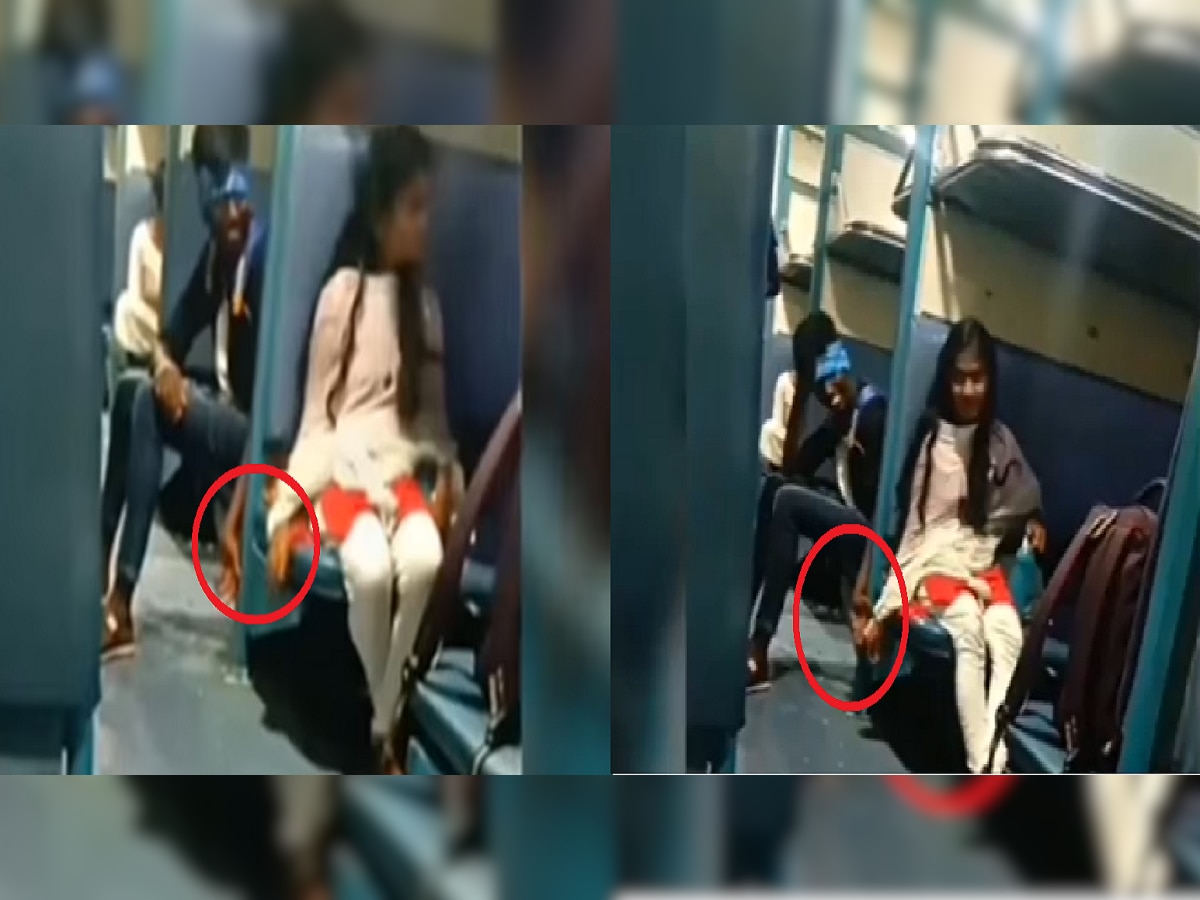 Viral Video : धावत्या ट्रेनमध्ये प्रेमी युगुलाचा Romance, मुलीचं कृत्य पाहून व्हाल अवाक् title=