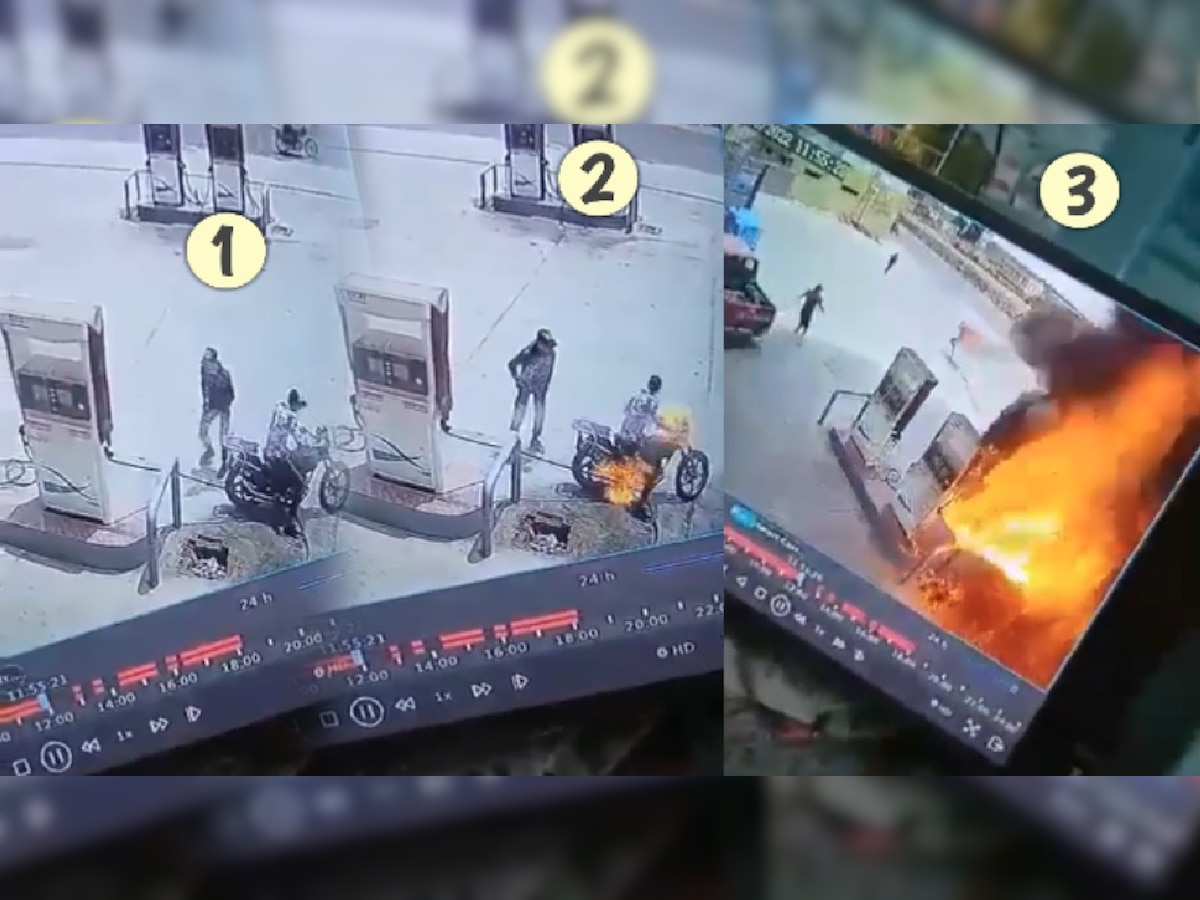 Petrol Pump Accident CCTV: 1 चूक अन् पेट्रोल पंपावरच बाईकने घेतला पेट; चालकही होरपळा! title=