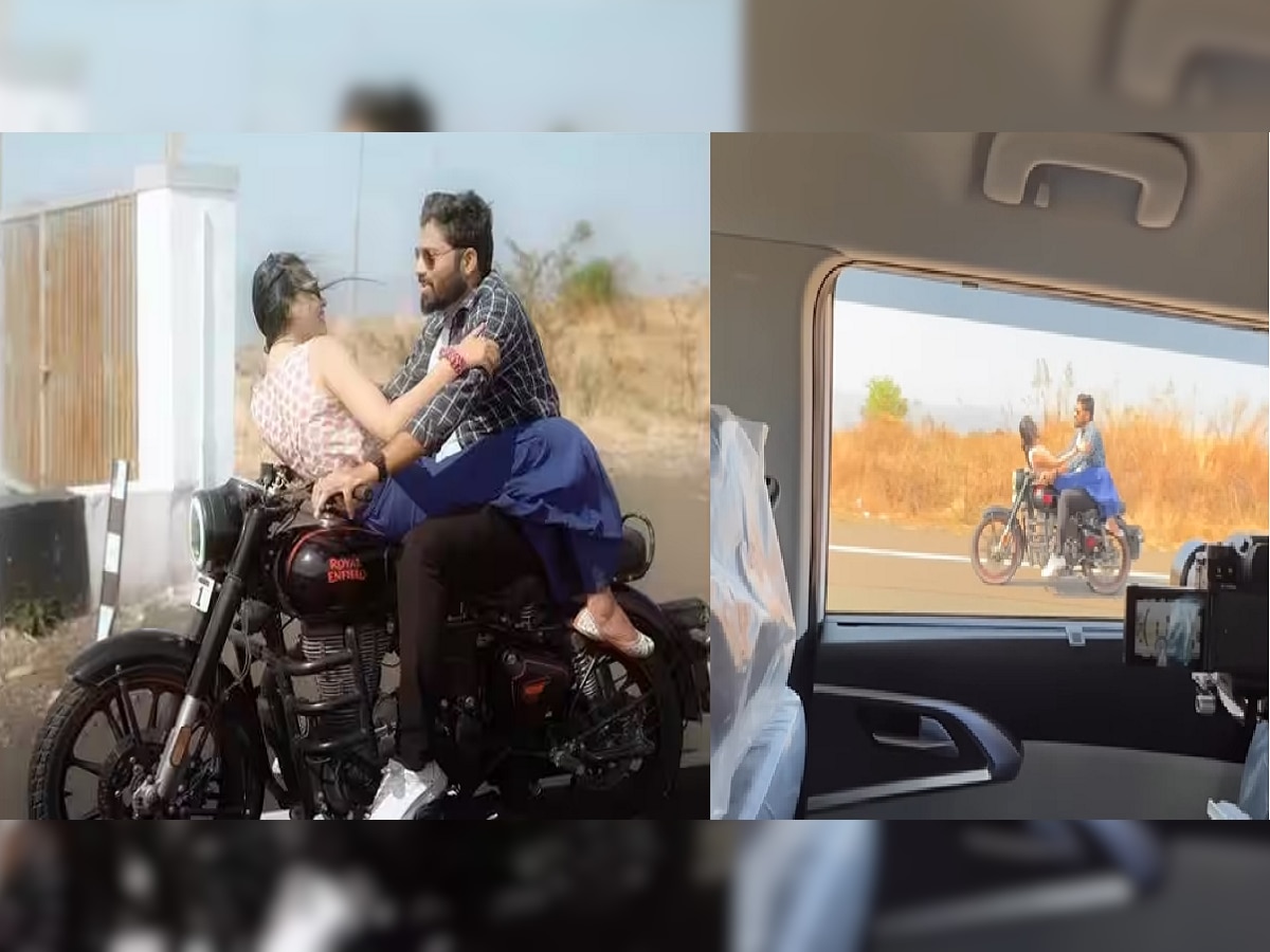 Viral Video : धोकादायक! धावत्या रॉयल एनफील्डवर कपलचं Pre wedding shoot title=