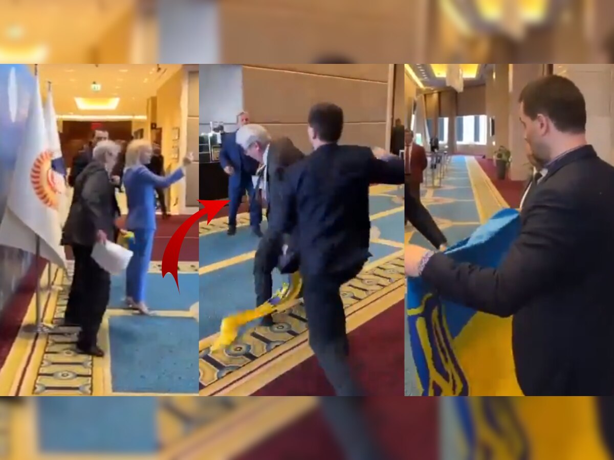 युक्रेनचा झेंडा हिसकवताच खासदाराचा 'सुपरमॅन पंच', बारक्या लेकरासारखं भांडले, पाहा Video title=