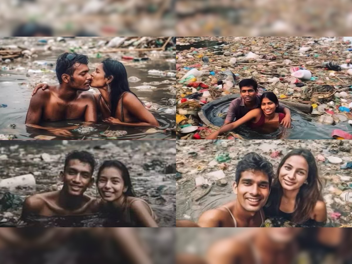 Couple Photoshoot : शीsss हे कसलं फोटोशूट? नाल्यात कपलचा रोमान्स, एकमेकांना किस करत... title=