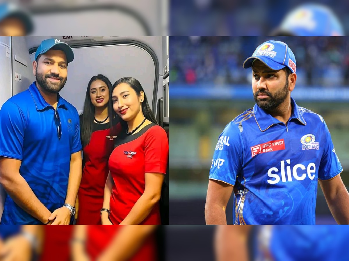 Rohit Sharma : एअर हॉस्टेसला पाहताच हिटमॅनने पोट घेतलं आत; फोटो होतोय व्हायरल title=