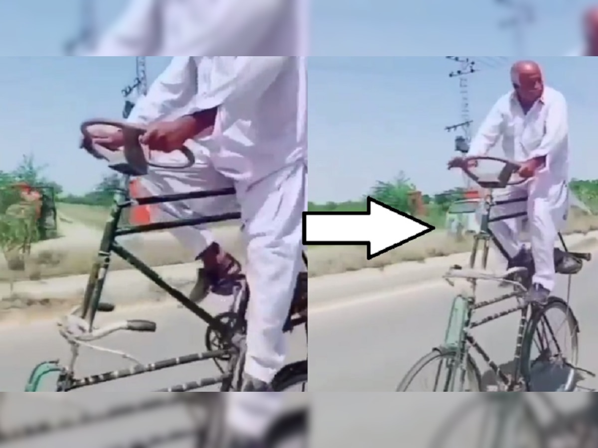 डबल डेकर सायकलचा जुगाड जमलाय आजोबांना... Video Viral title=