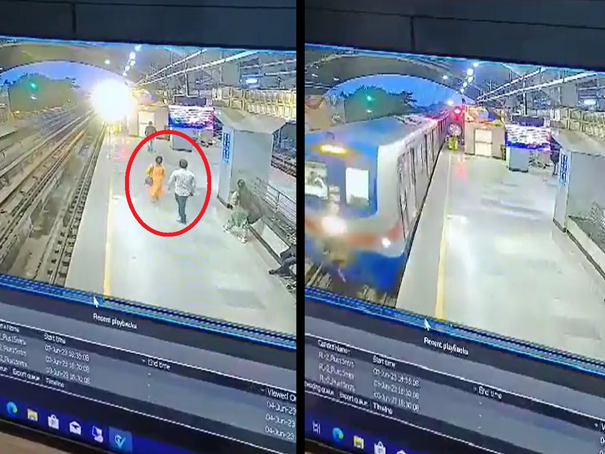 Viral Video : ...आणि त्याने महिलेला पकडून धावत्या मेट्रोसमोर मारली उडी, हृदयाचे ठोके चुकवणारी घटना CCTV त कैद title=