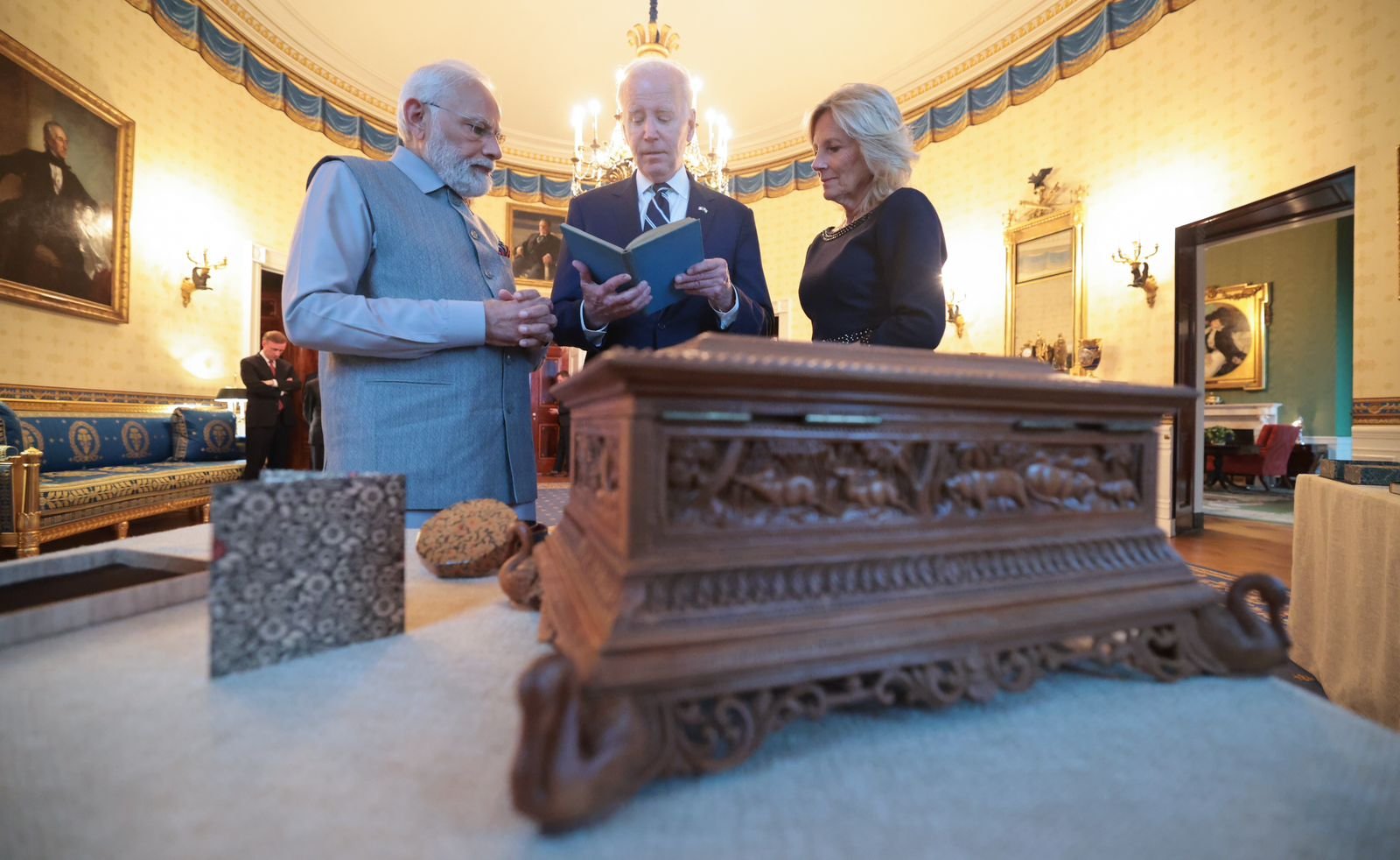 Prime Minister Narendra Modi presents a special sandalwood box to US President Joe Biden