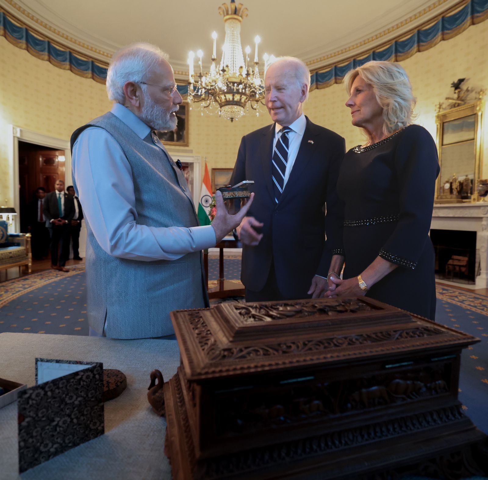 Prime Minister Narendra Modi presents a special sandalwood box to US President Joe Biden