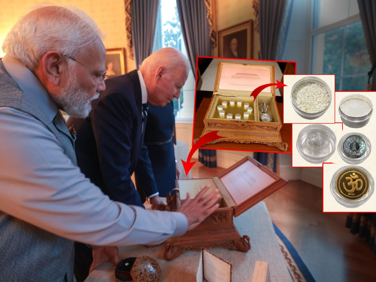 Prime Minister Narendra Modi presents a special sandalwood box to US President Joe Biden