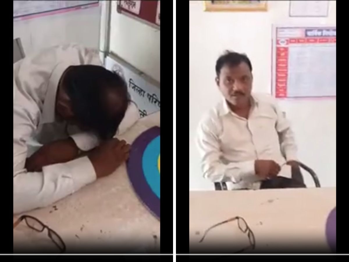 VIDEO: गुरुजी हे वागणं बरं नव्हं! तर्राट होऊन शिक्षक शाळेत, टेबलावर डोके ठेवून गाढ झोपला title=