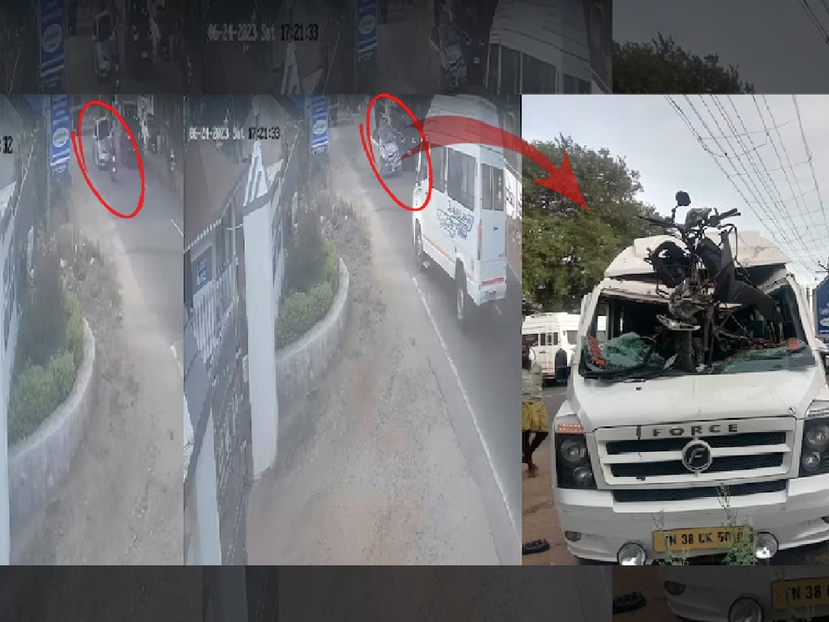 CCTV Footage: कारच्या धडकेनं टॅम्पोत घुसली Bike; बाप-लेक 10 फूट हवेत फेकले गेले title=