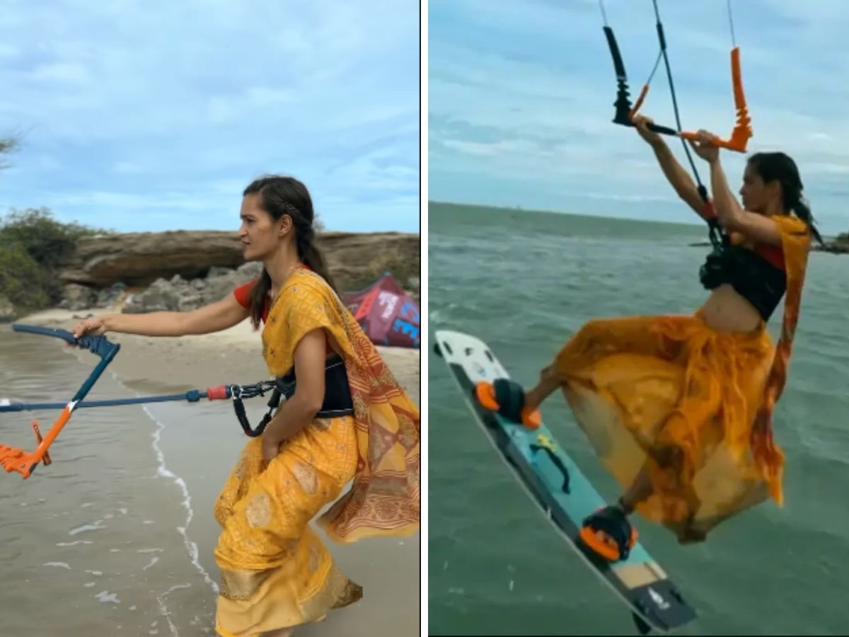 नारी सबपे भारी! साडी नेसून समुद्रात केले Kiteboarding, व्हिडीओ पाहून तुम्हीही म्हणाल शाब्बास title=