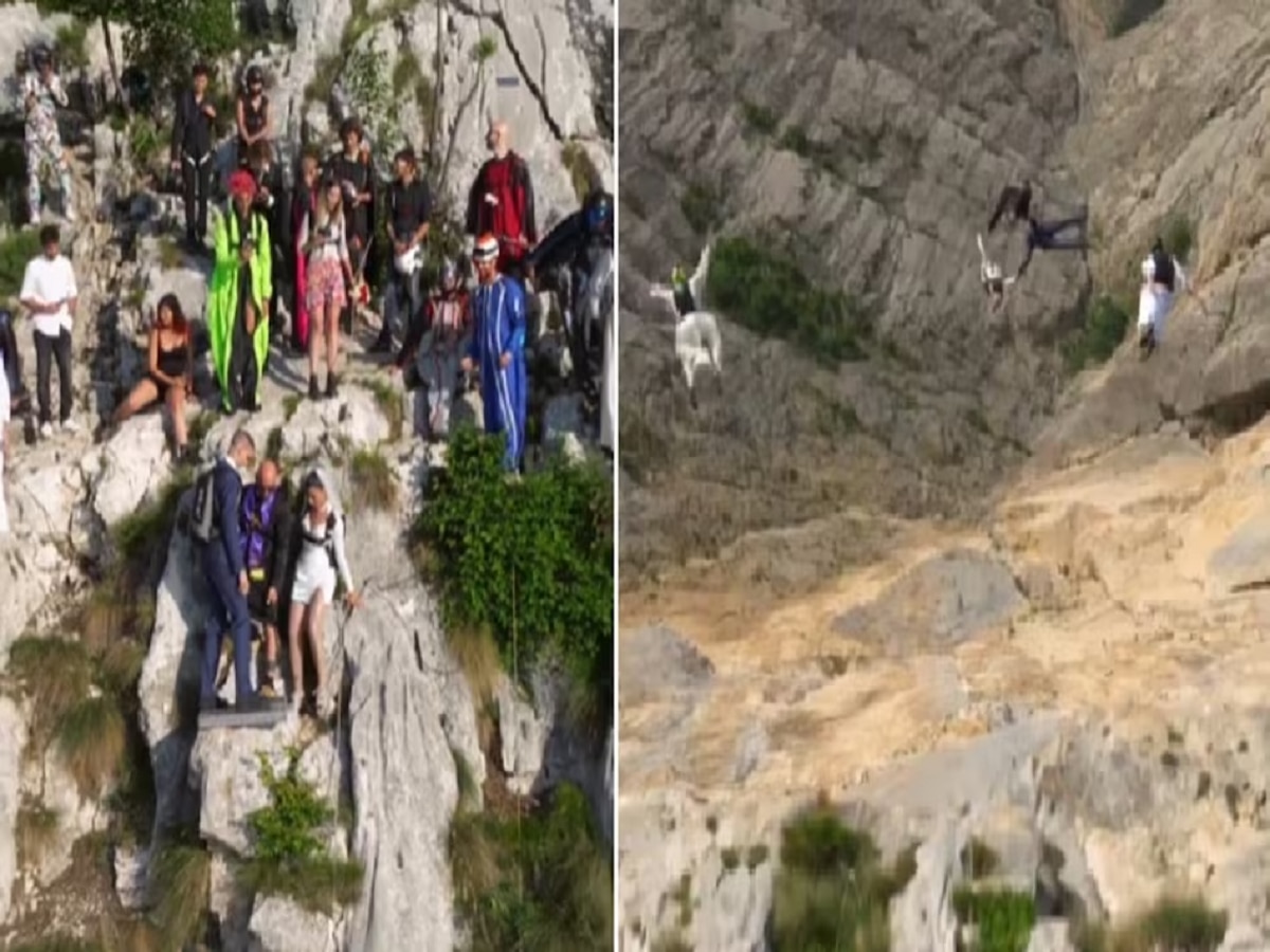 Video : लग्नानंतर उंच पर्वतावरून वधू-वरासोबत पुजारी, वऱ्हाड्यांनी मारली उडी; विचित्र लग्नाचा थरारक व्हिडीओ VIRAL title=