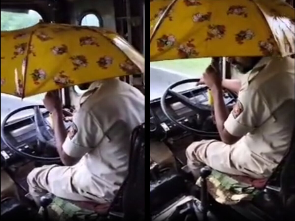 Viral Video: भंगारातल्या गाड्या चालवतेय एसटी महामंडळ! हातात छत्री घेऊन पळवावी लागली बस title=