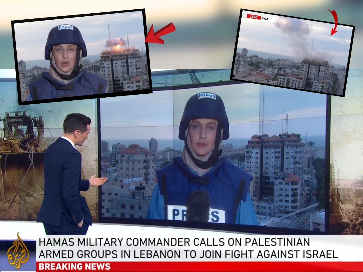 Israeli fighter jets strike Palestine Tower recorded on Al Jazeera