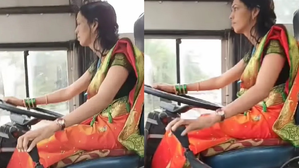 VIDEO: साडी नेसून महिलेनं चालवली बस, नेटकरी म्हणाले, 'ताई सीट बेल्ट लावा'